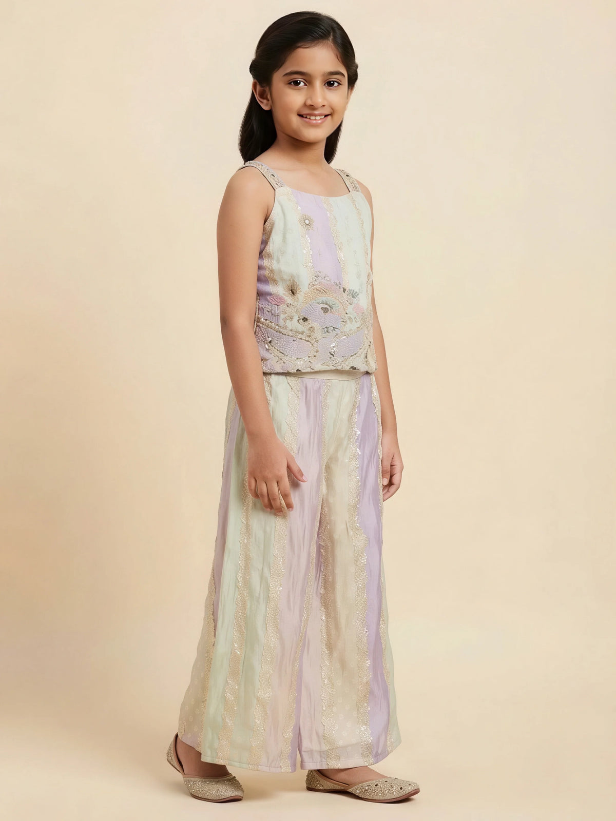 Girls multi colour embellished sleeveless kurta pajama set with wide-leg pants.