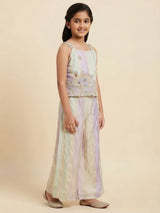 Girls multi colour embellished sleeveless kurta pajama set with wide-leg pants.