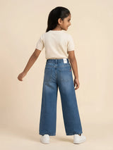 Girls Blue Floral Print Wide Leg Casual Pants.