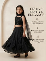 Girls Black Sequined Choli Lehenga Set.