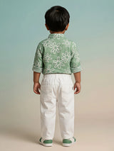 Boys Green Floral Shirt and White Trousers Co-ord Set.