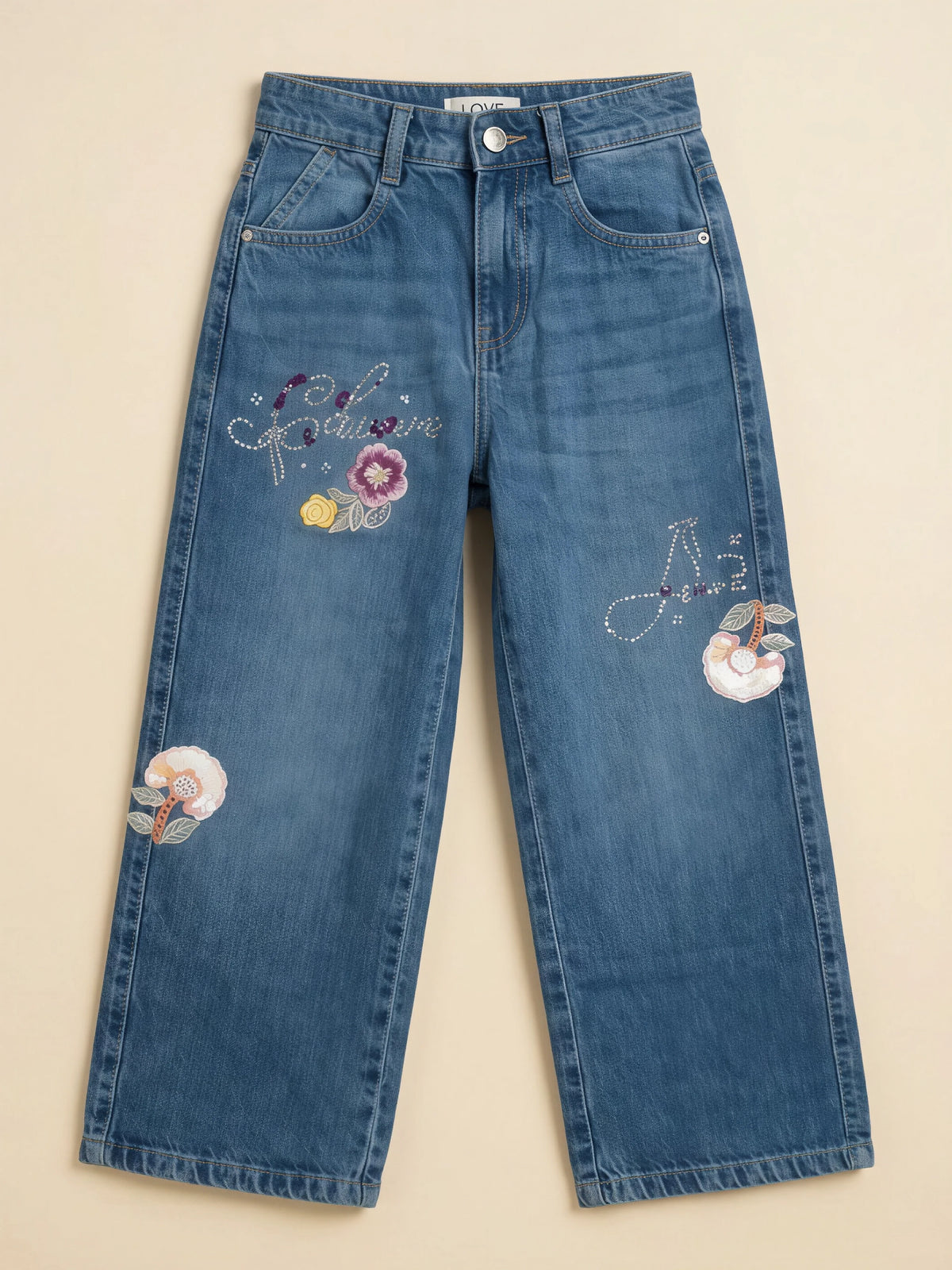 Girls Blue Floral Print Wide Leg Casual Pants.