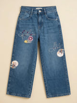 Girls Blue Floral Print Wide Leg Casual Pants.
