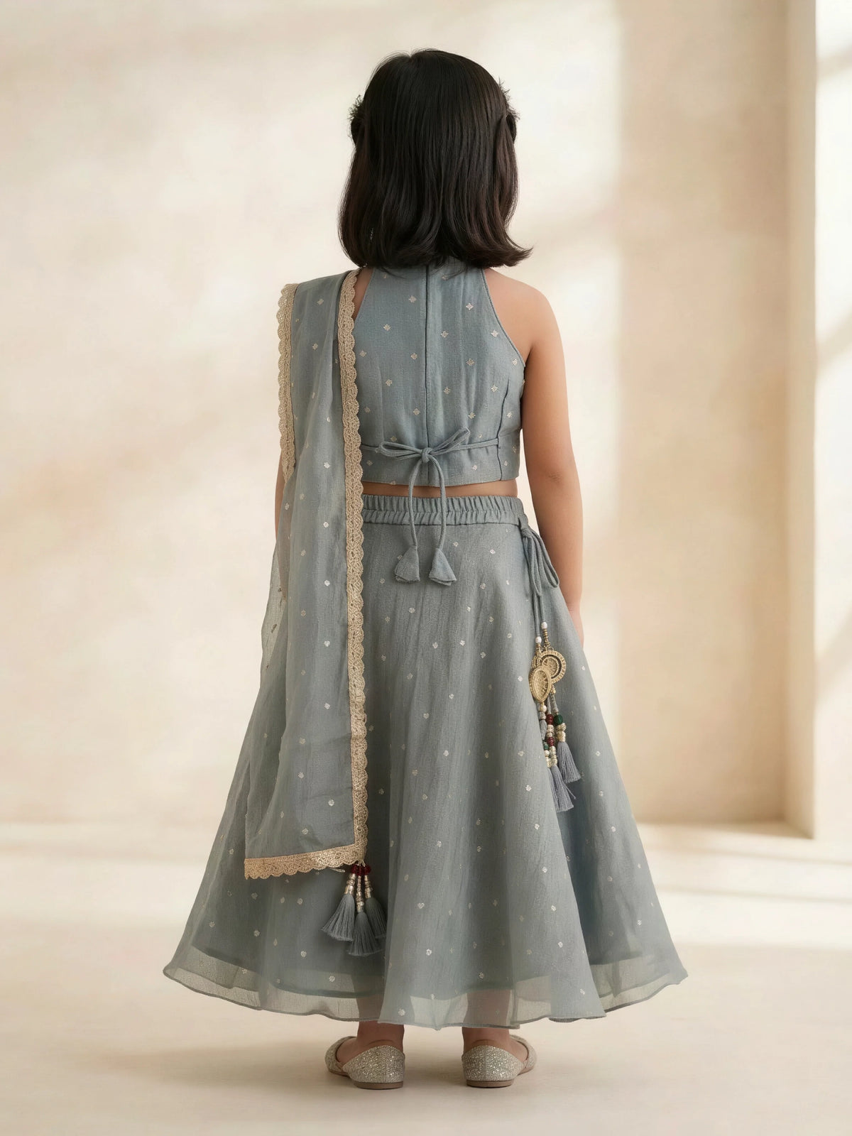 Grey Embellished Halter Neck Choli Set