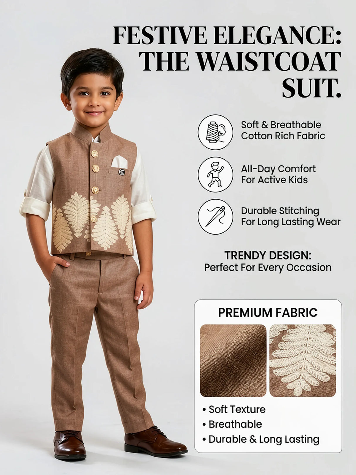 Boys Brown Embroidered Waistcoat with Trousers & Shirt Set