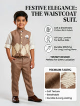 Boys Brown Embroidered Waistcoat with Trousers & Shirt Set