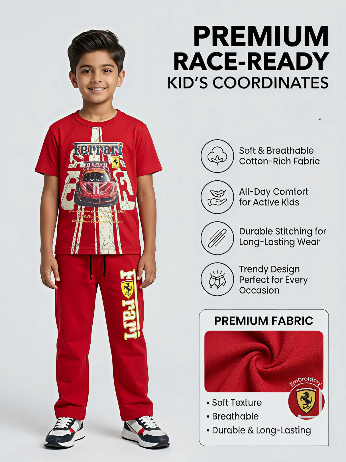 Boys Vibrant Ferrari Graphic T-Shirt and Track Coordinate Set.
