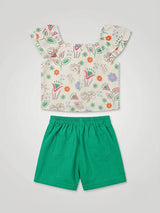 Girls Off-White Printed Top with Green Skirt Set.