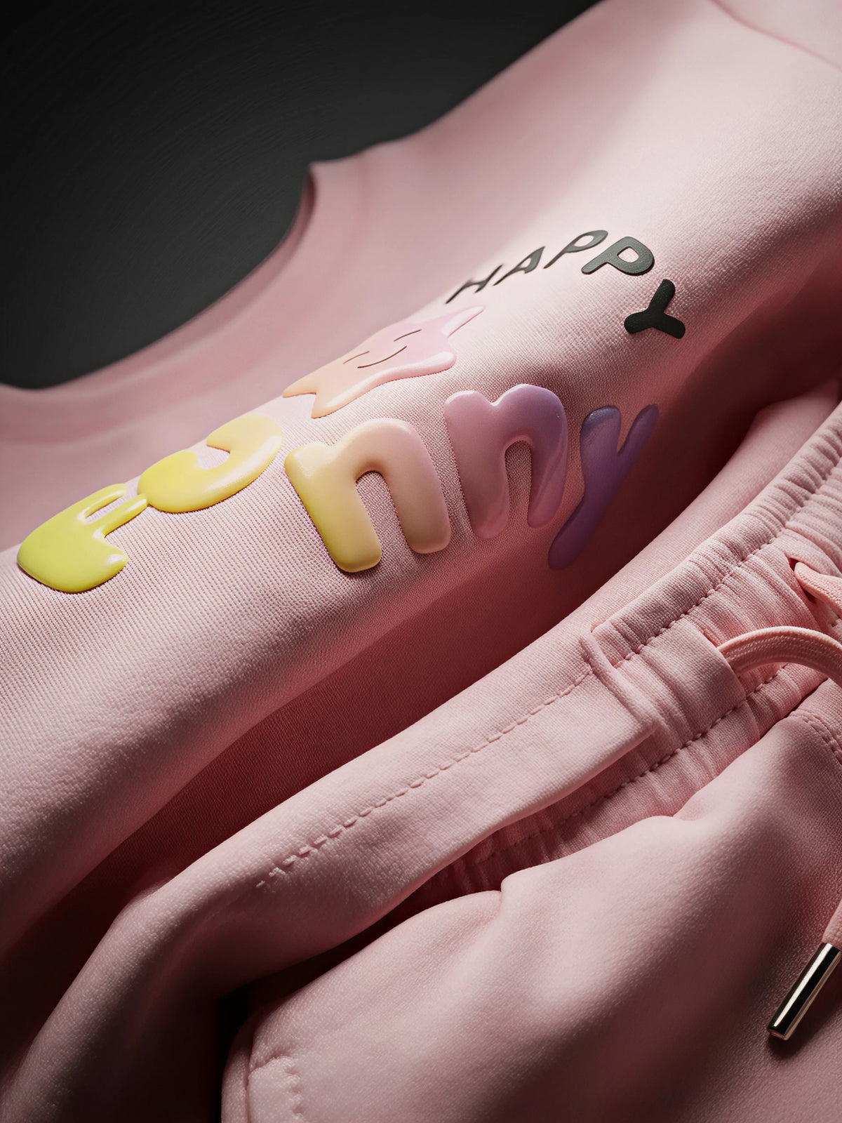 Girls Pink "Funny Happy" Graphic Cotton Shorts Set