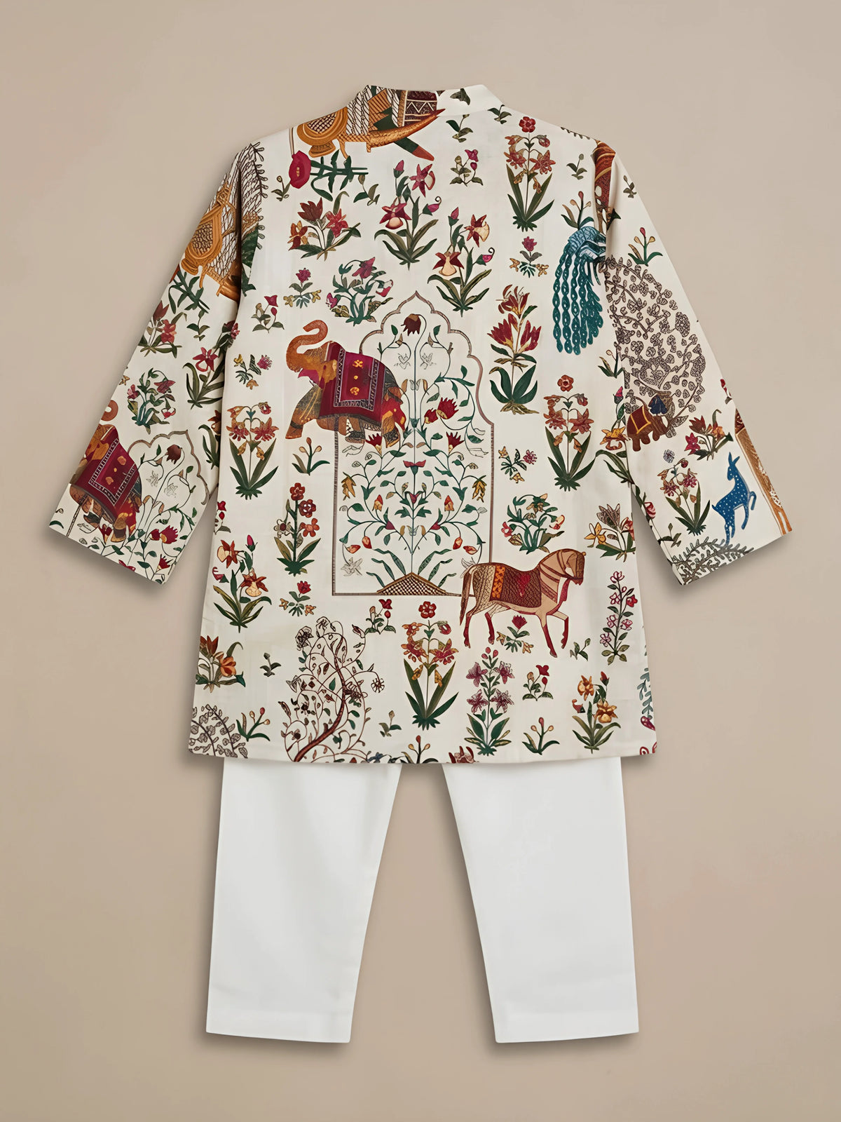 Boys Cream Floral & Animal Print Kurta Set