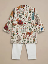 Boys Cream Floral & Animal Print Kurta Set