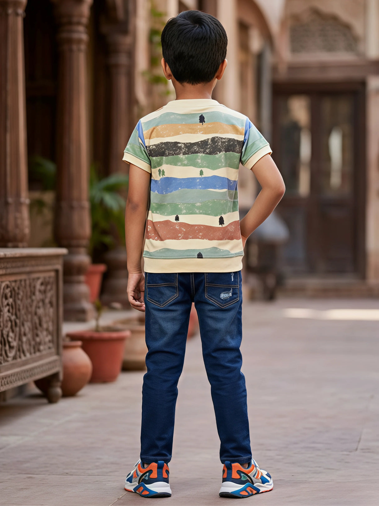 Boys Cream Striped Graphic Print T-Shirt