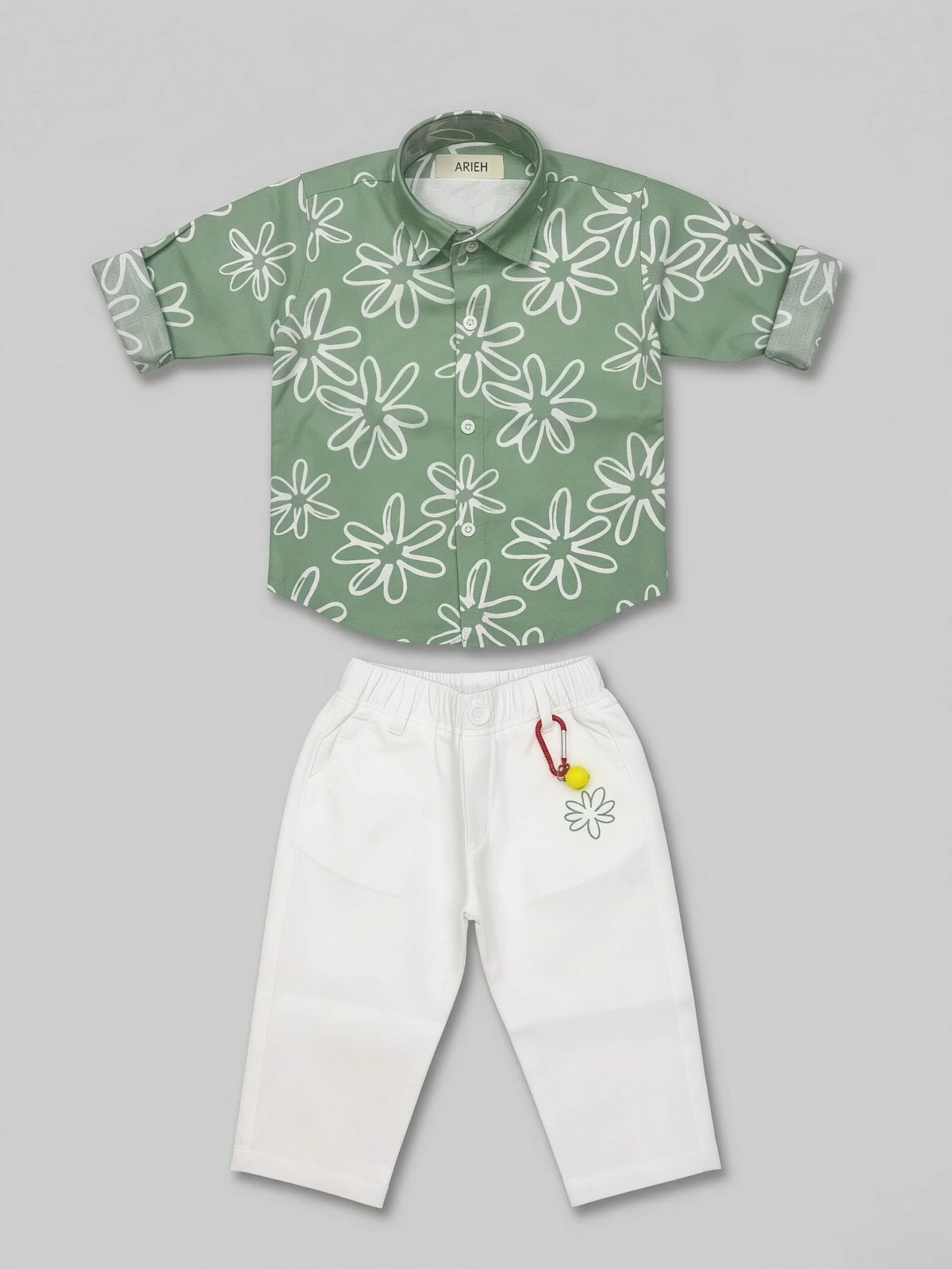 Boys Green Floral Shirt and White Trousers Co-ord Set.