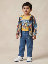 Boys wearing a yellow graphic t-shirt with a printed hooded jacket and blue denim jeans