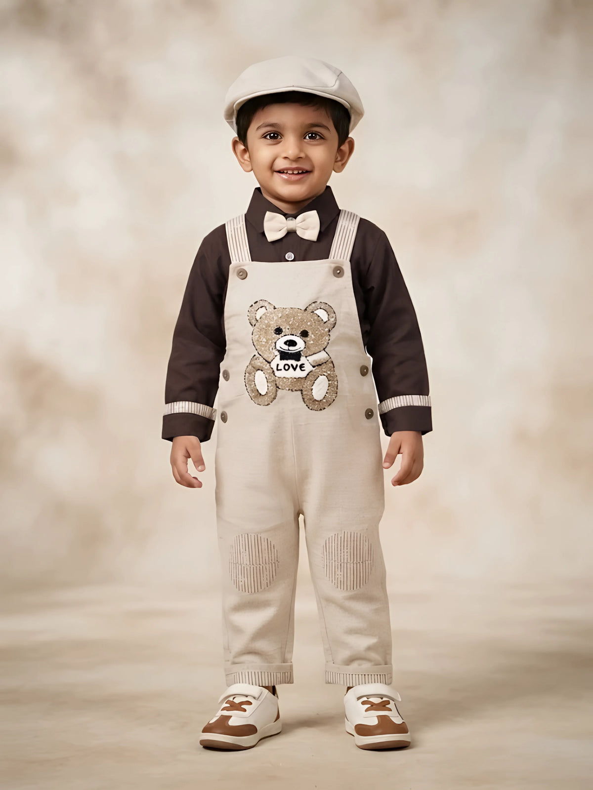 Boys wearing a cream dungaree with sequined teddy bear detail and dark shirt with bow tie