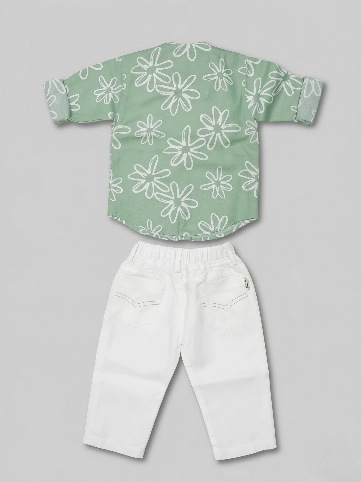 Boys Green Floral Shirt and White Trousers Co-ord Set.