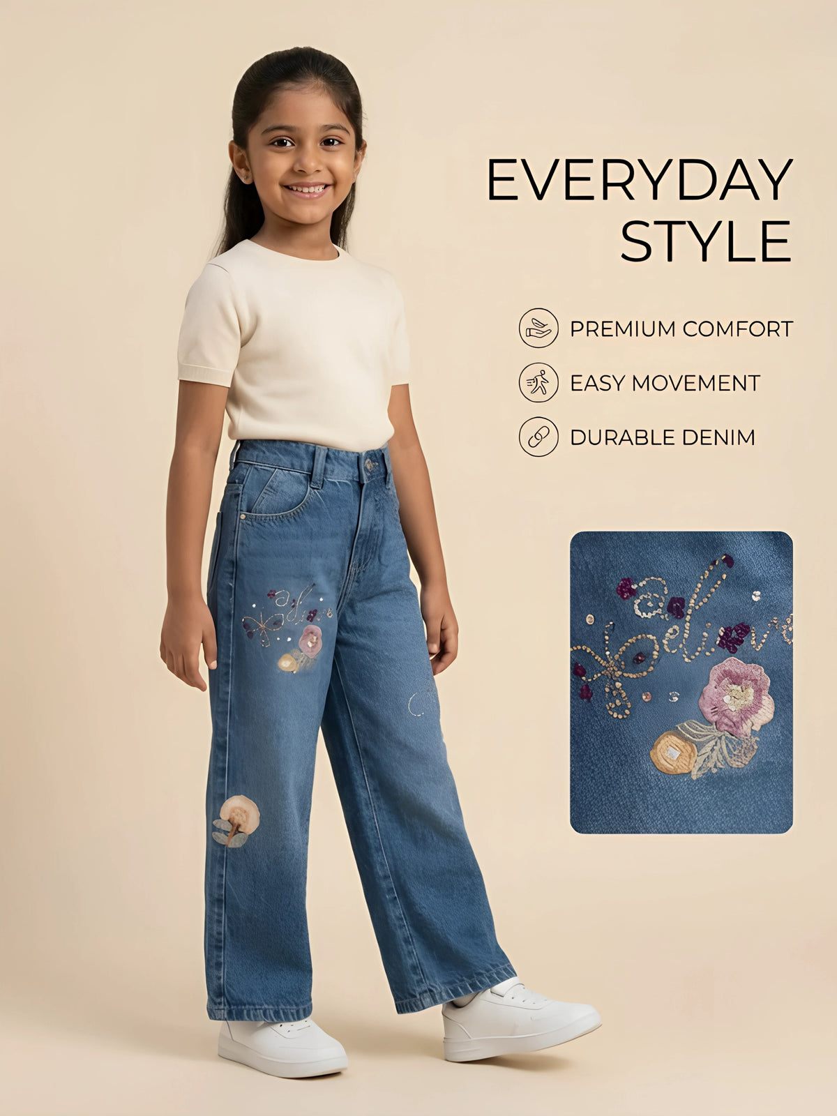 Girls Blue Floral Print Wide Leg Casual Pants.