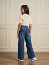 Girls Navy Blue Embroidered Wide Leg Casual Pants.