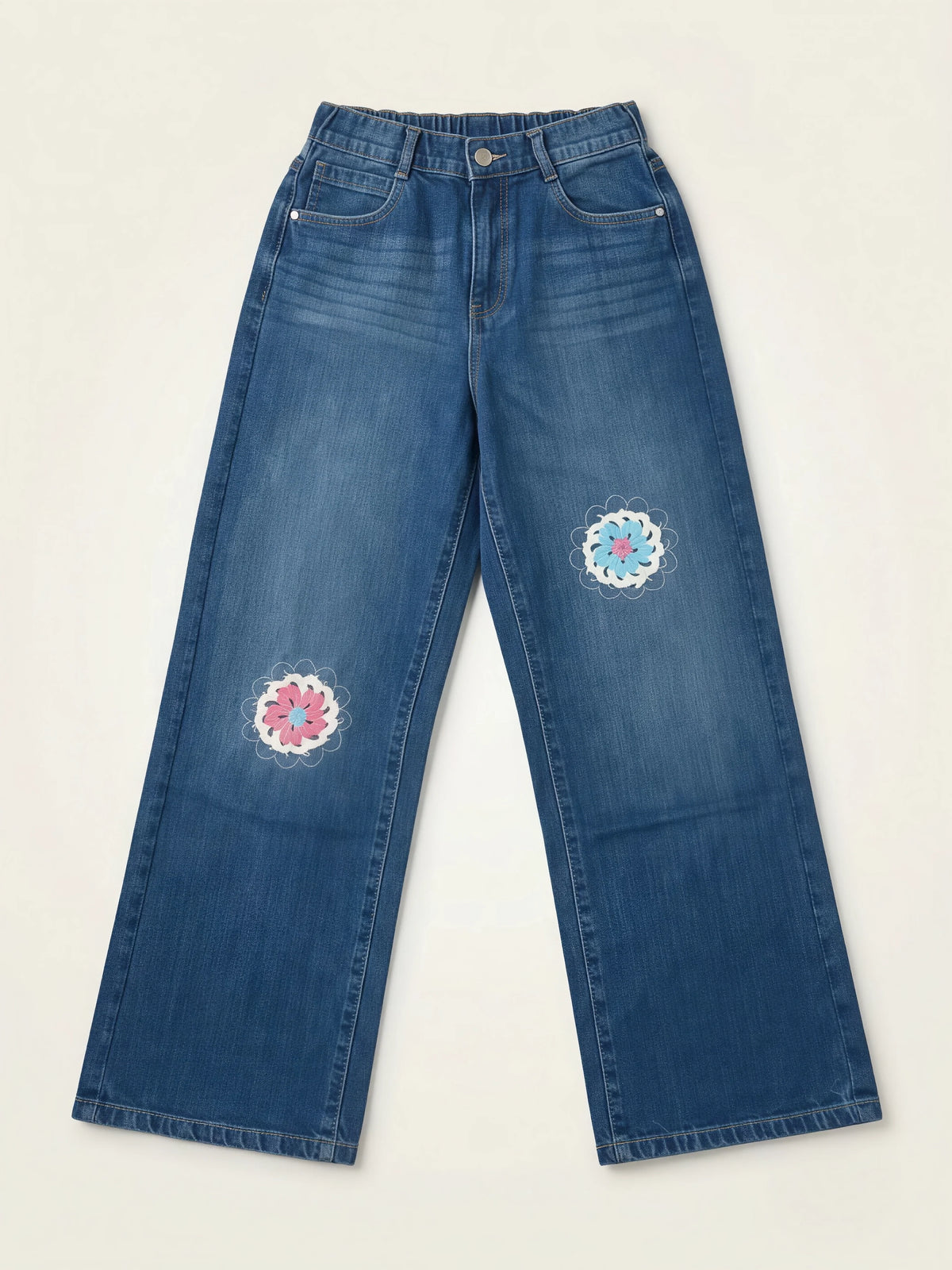 Girls Navy Blue Embroidered Wide Leg Casual Pants.