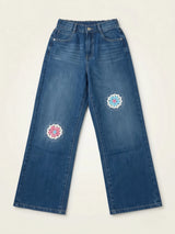 Girls Navy Blue Embroidered Wide Leg Casual Pants.