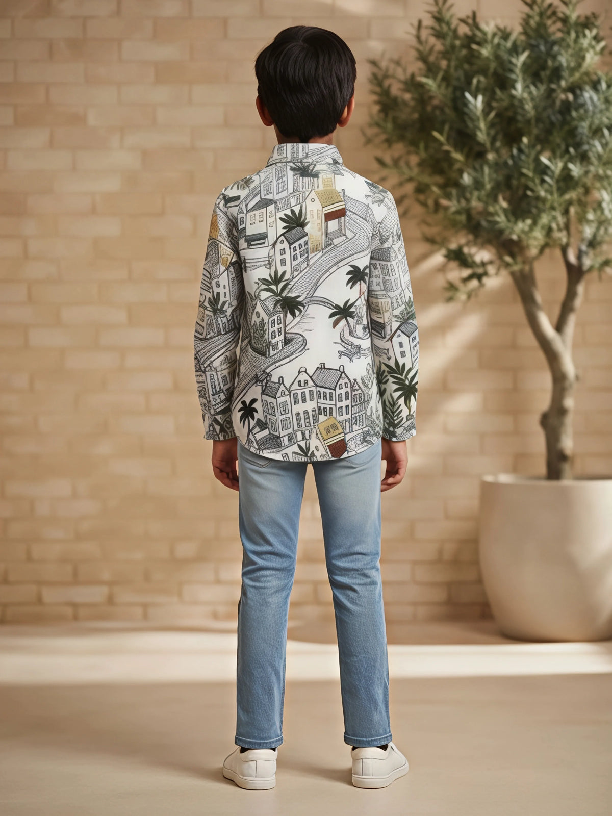 Boys White Graphic Print Full Sleeve Casual Shirt