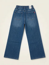 Girls Navy Blue Embroidered Wide Leg Casual Pants.