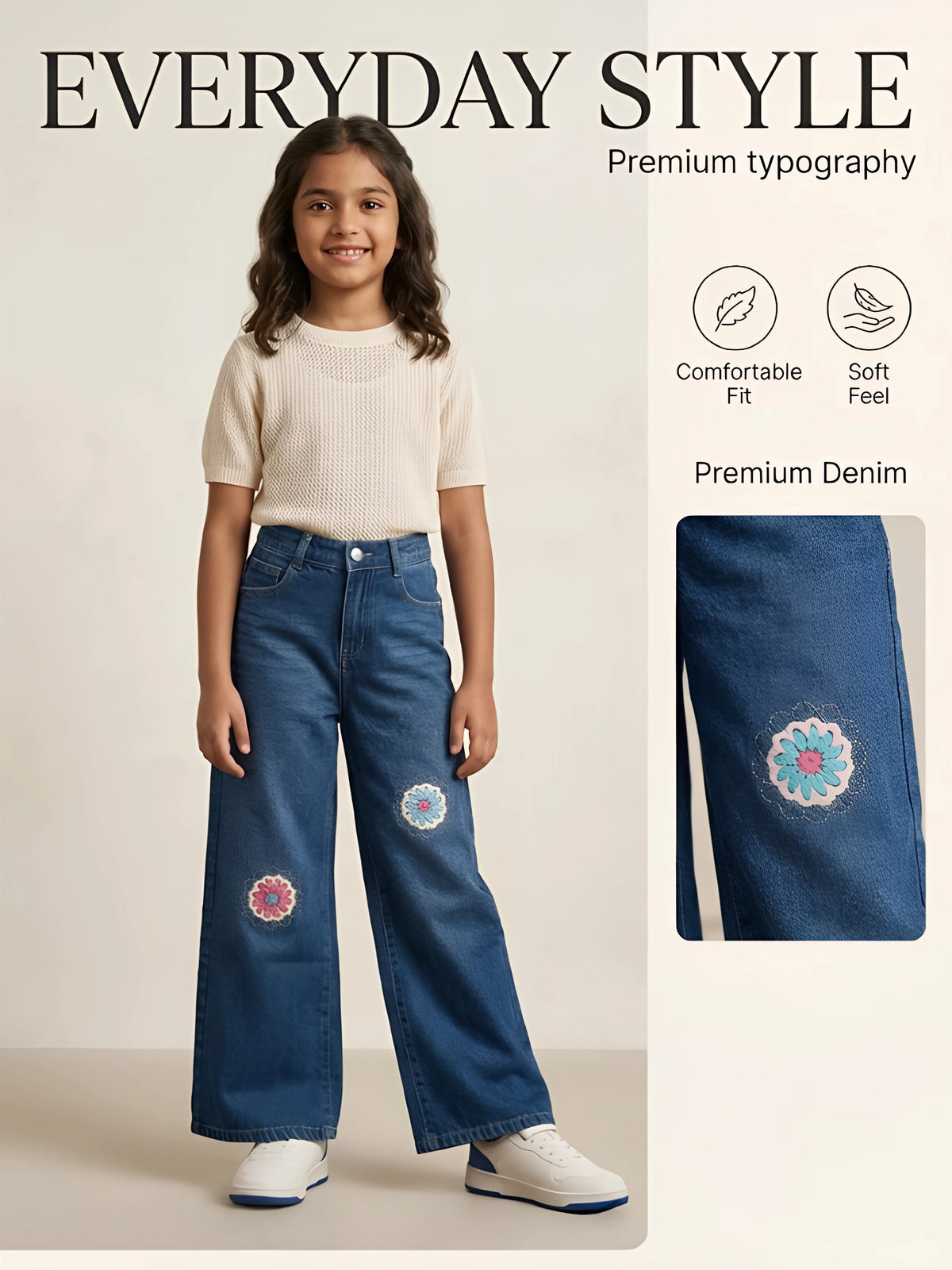 Girls Navy Blue Embroidered Wide Leg Casual Pants.