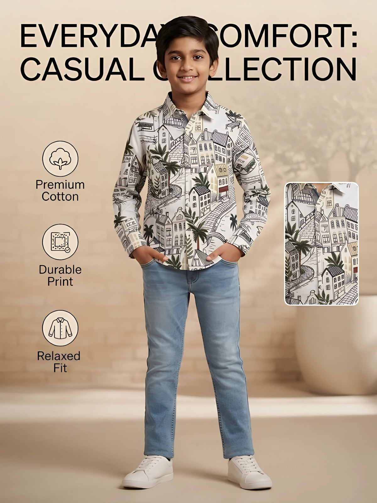 Boys White Graphic Print Full Sleeve Casual Shirt