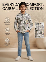 Boys White Graphic Print Full Sleeve Casual Shirt