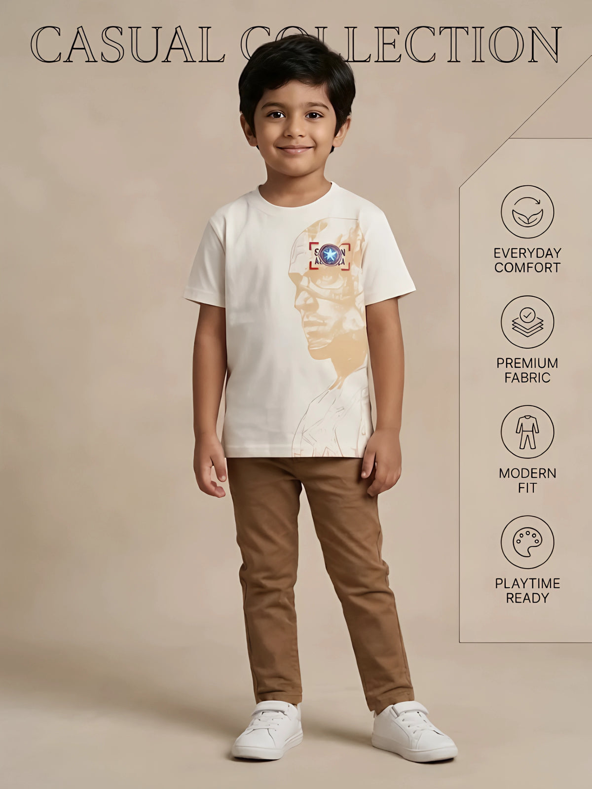 Cream Cotton Graphic Print T-Shirt Kids Casual Wear