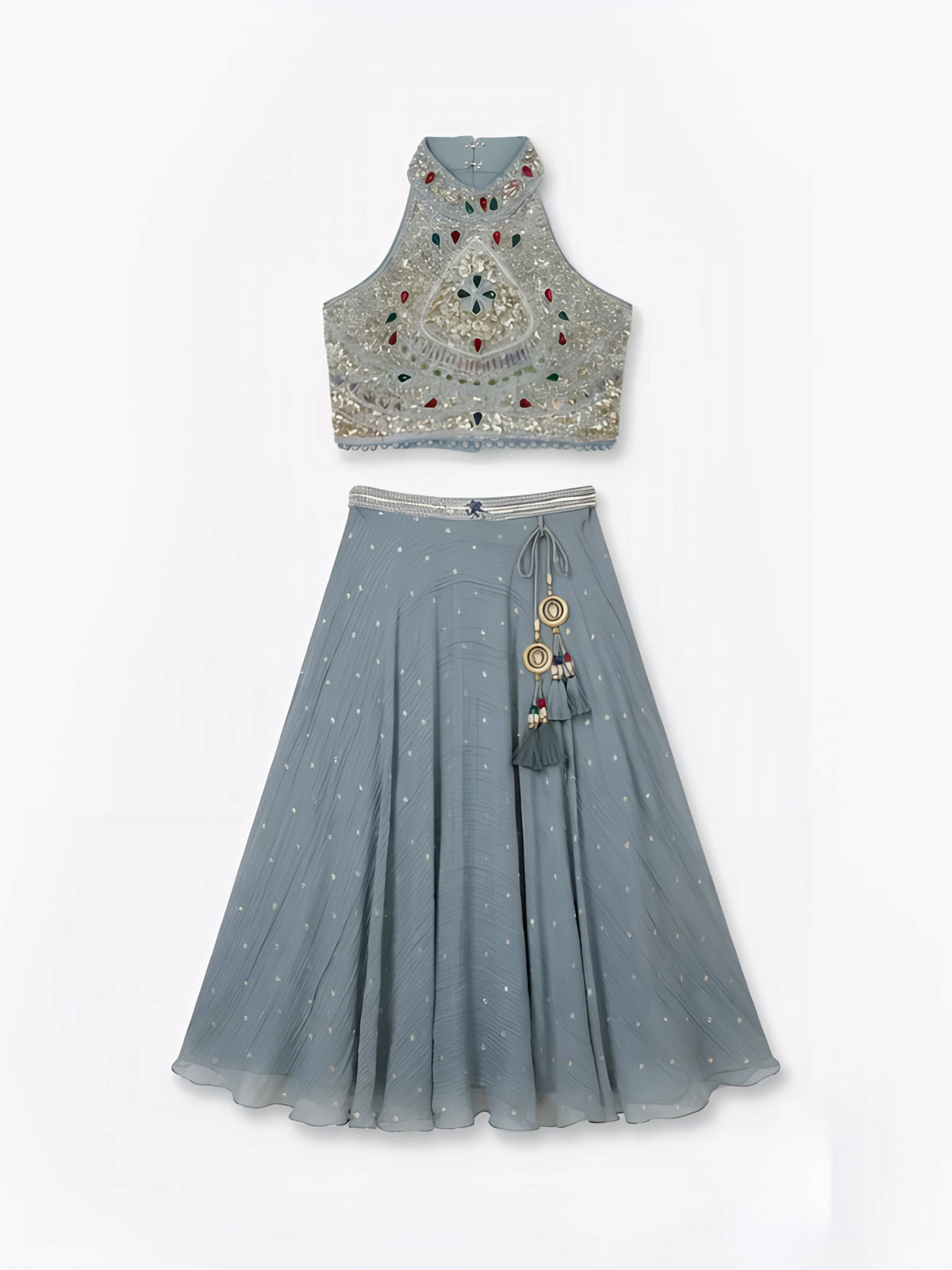 Grey Embellished Halter Neck Choli Set