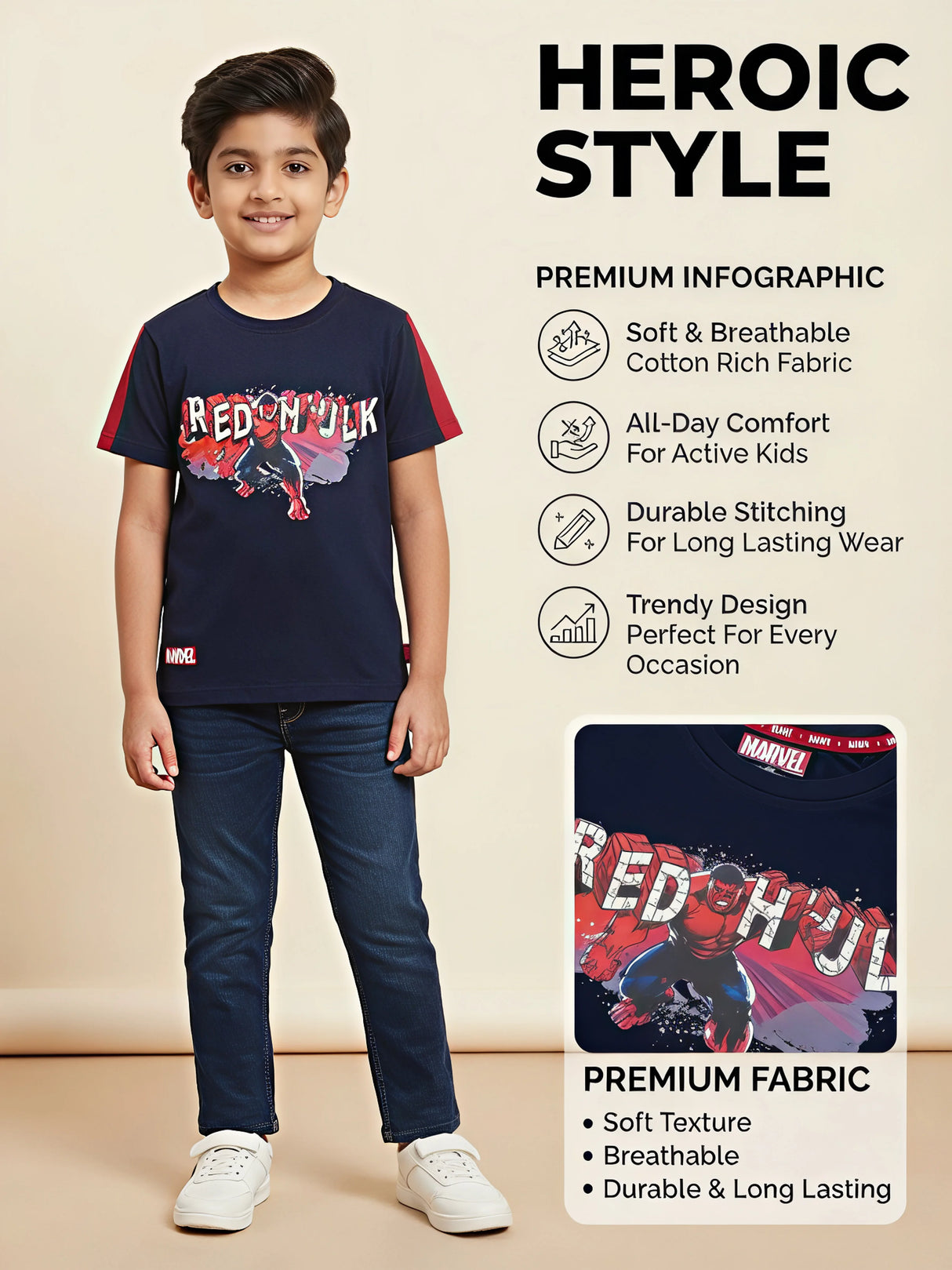 Boys Navy Blue Marvel Red Hulk Graphic T-Shirt