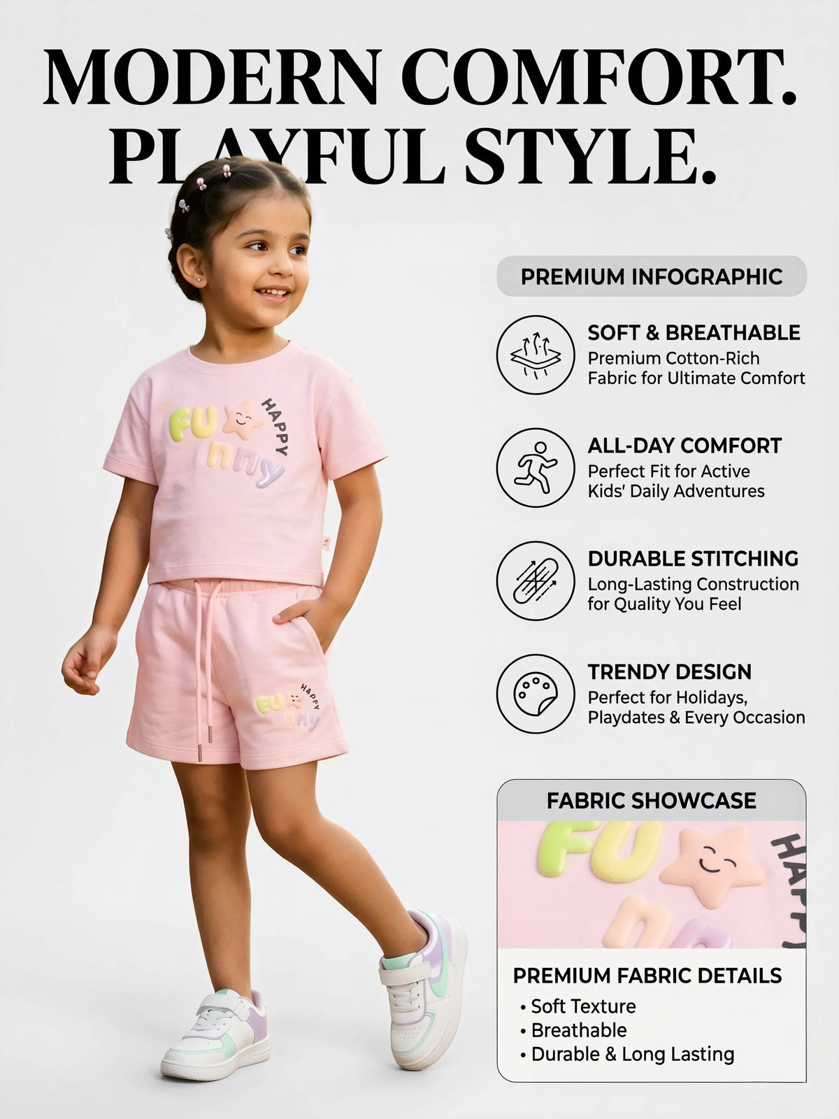 Girls Pink "Funny Happy" Graphic Cotton Shorts Set