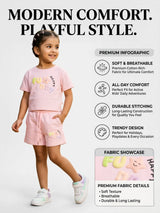 Girls Pink "Funny Happy" Graphic Cotton Shorts Set