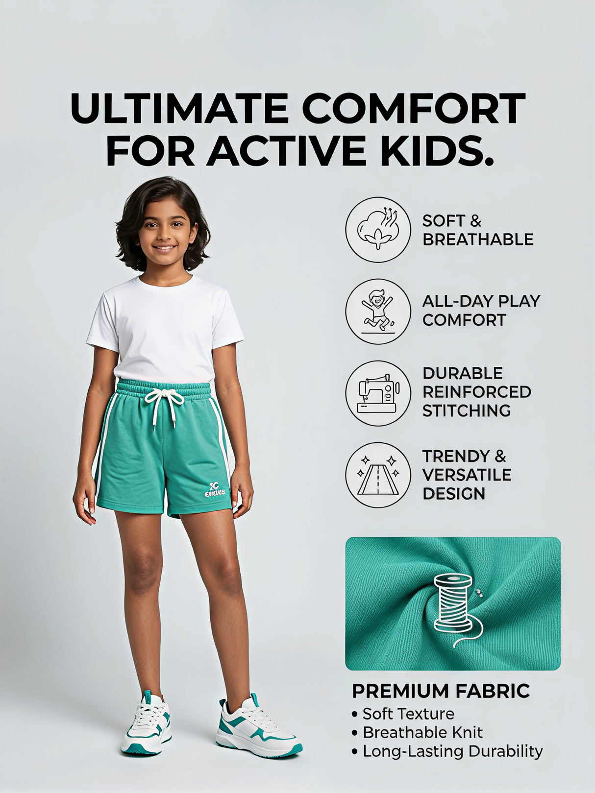 Girls Sporty Sea Green Cotton Shorts with Side Stripes
