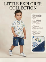 Boys White Vehicle Print Shirt & Denim Shorts Set.
