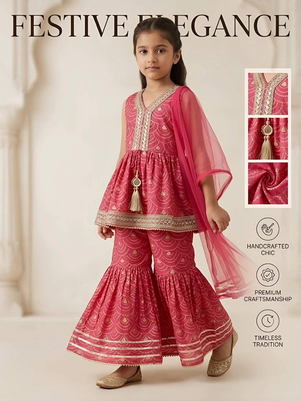 Girls Rani Pink Printed Sharara Set with Dupatta.