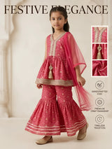 Girls Rani Pink Printed Sharara Set with Dupatta.