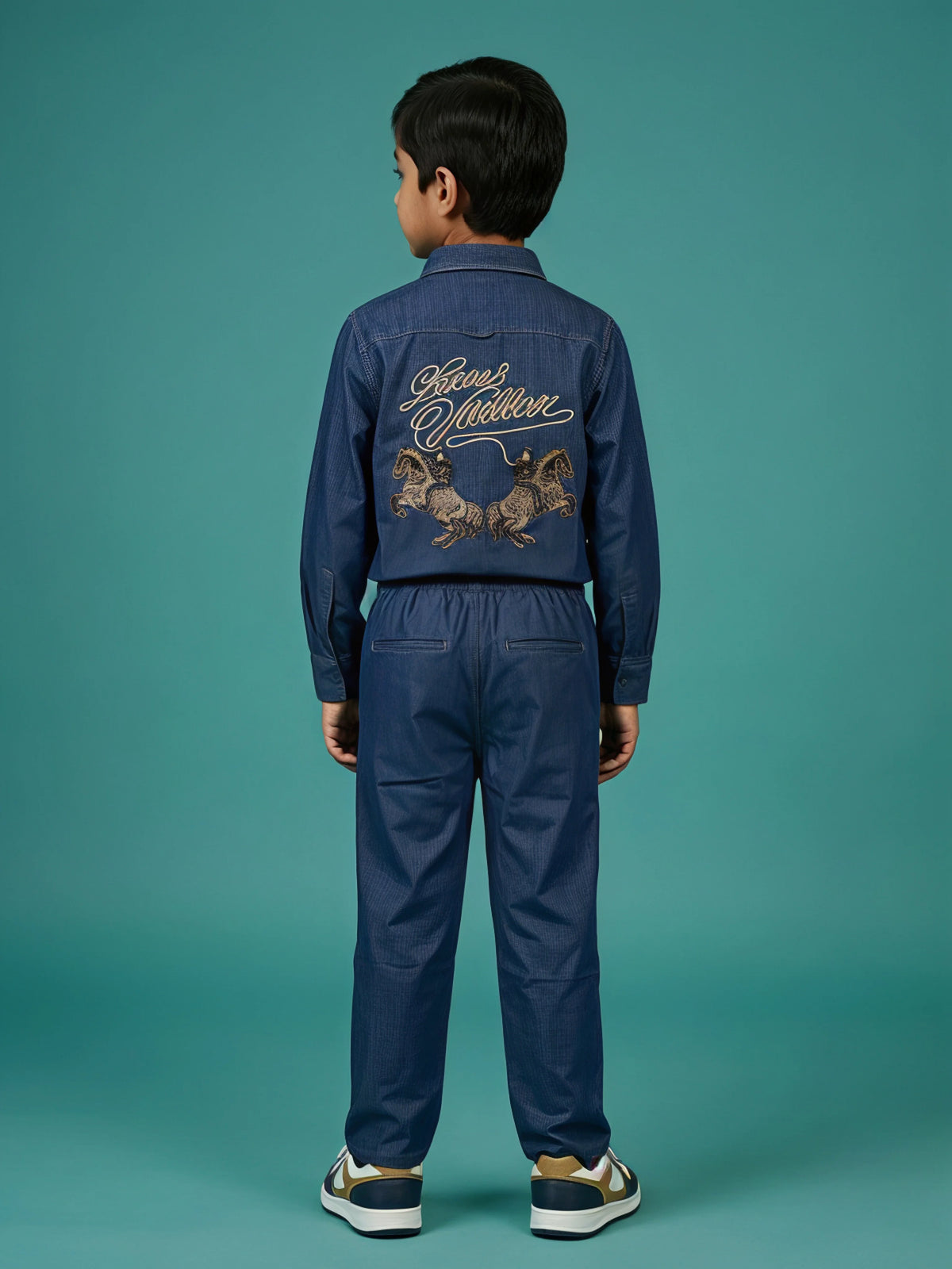 Boys Navy Blue Embroidered Co-ord Set.