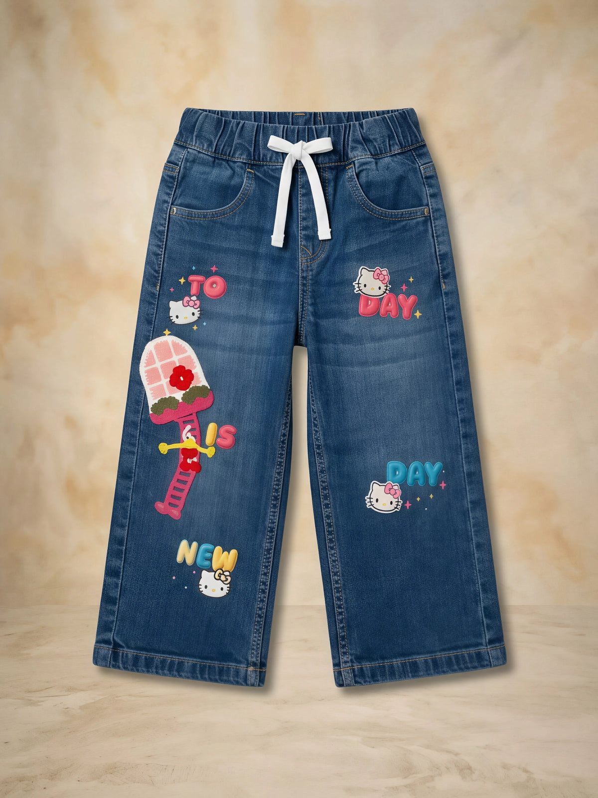 Girls Navy Blue Graphic Print Casual Pants.