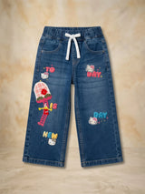Girls Navy Blue Graphic Print Casual Pants.