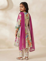 Green Floral Print Patiala Suit for Girls with Dupatta