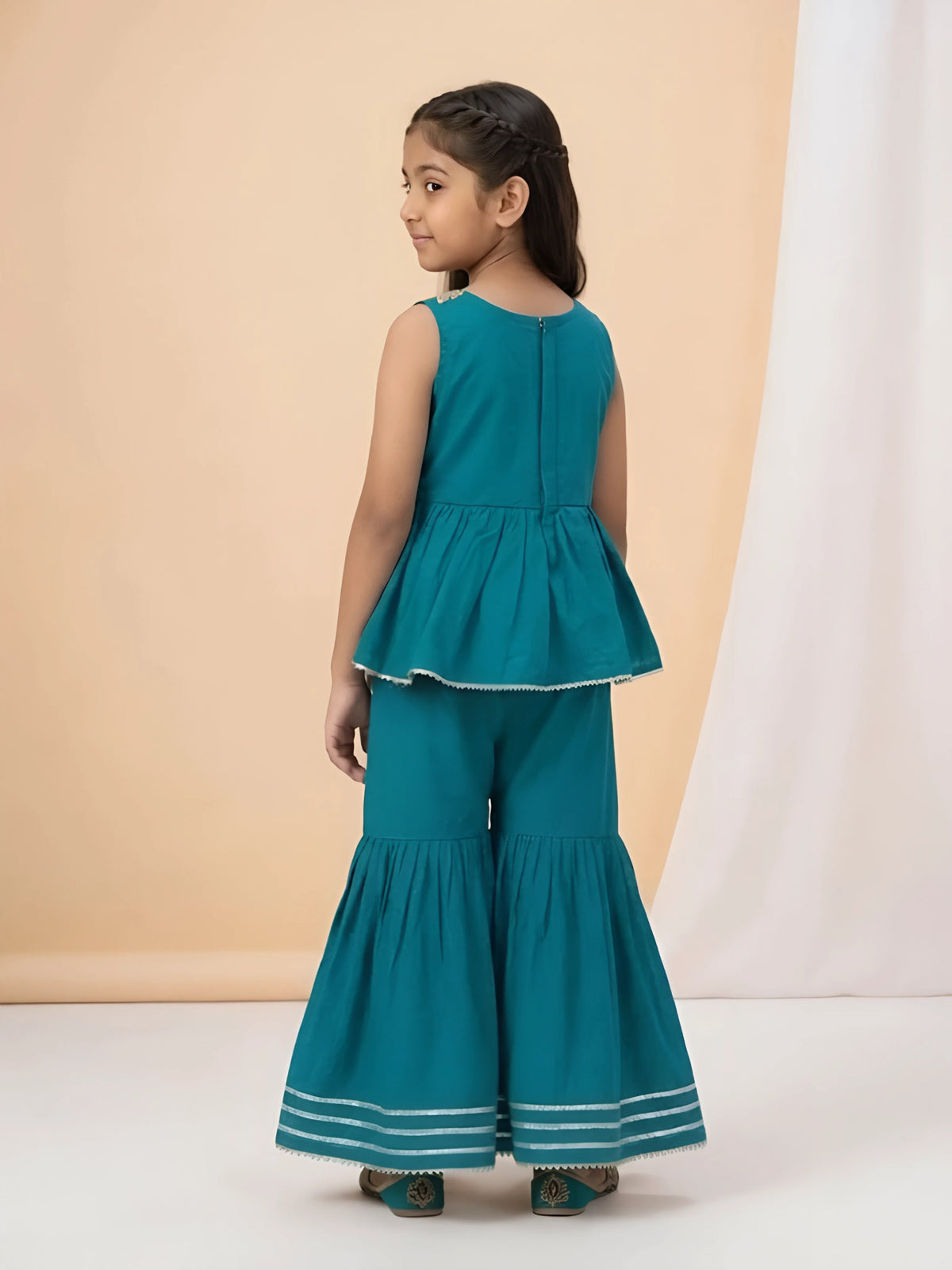 Girls Green Printed Ethnic Sharara Set.