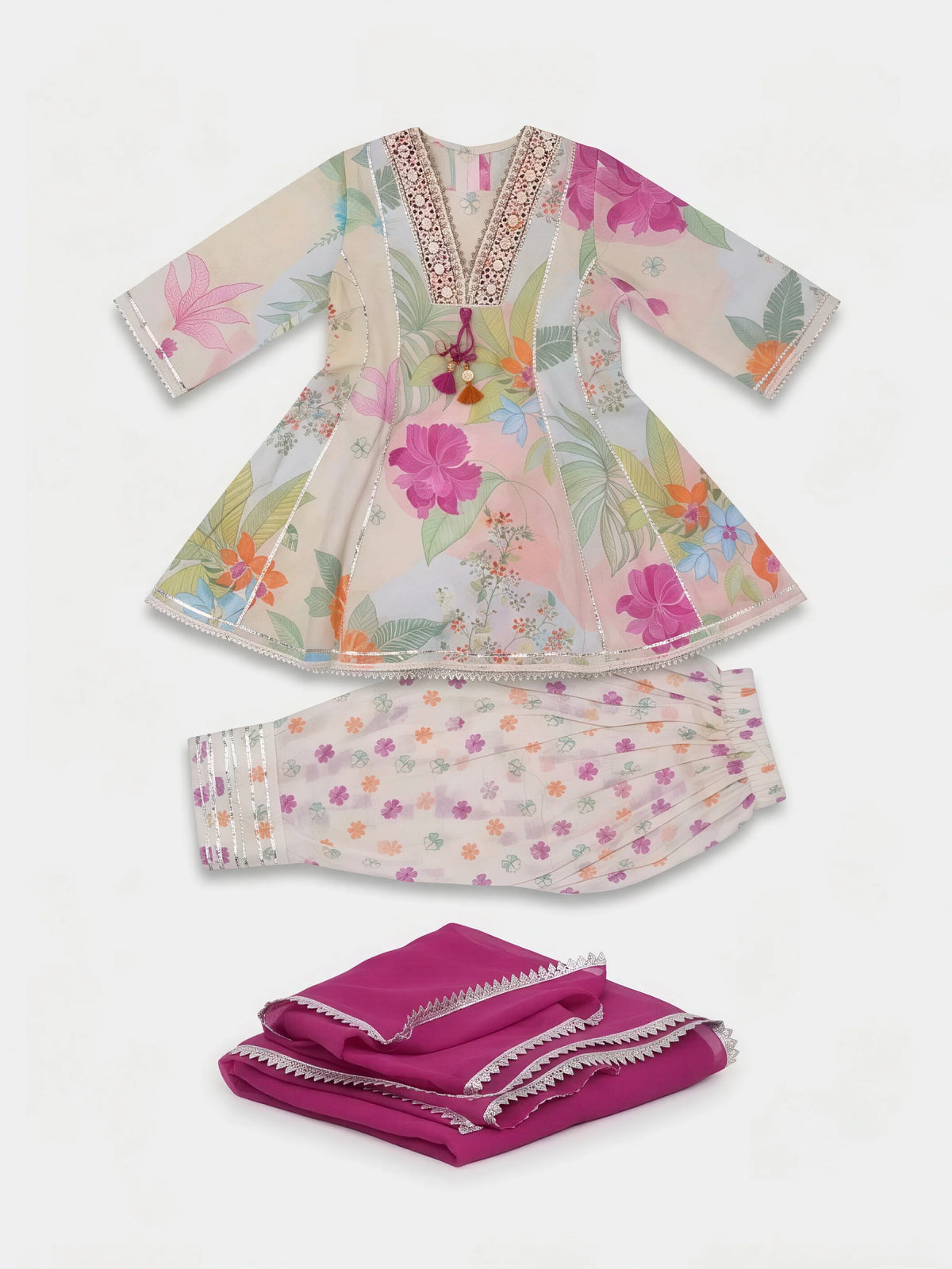 Green Floral Print Patiala Suit for Girls with Dupatta