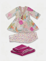 Green Floral Print Patiala Suit for Girls with Dupatta