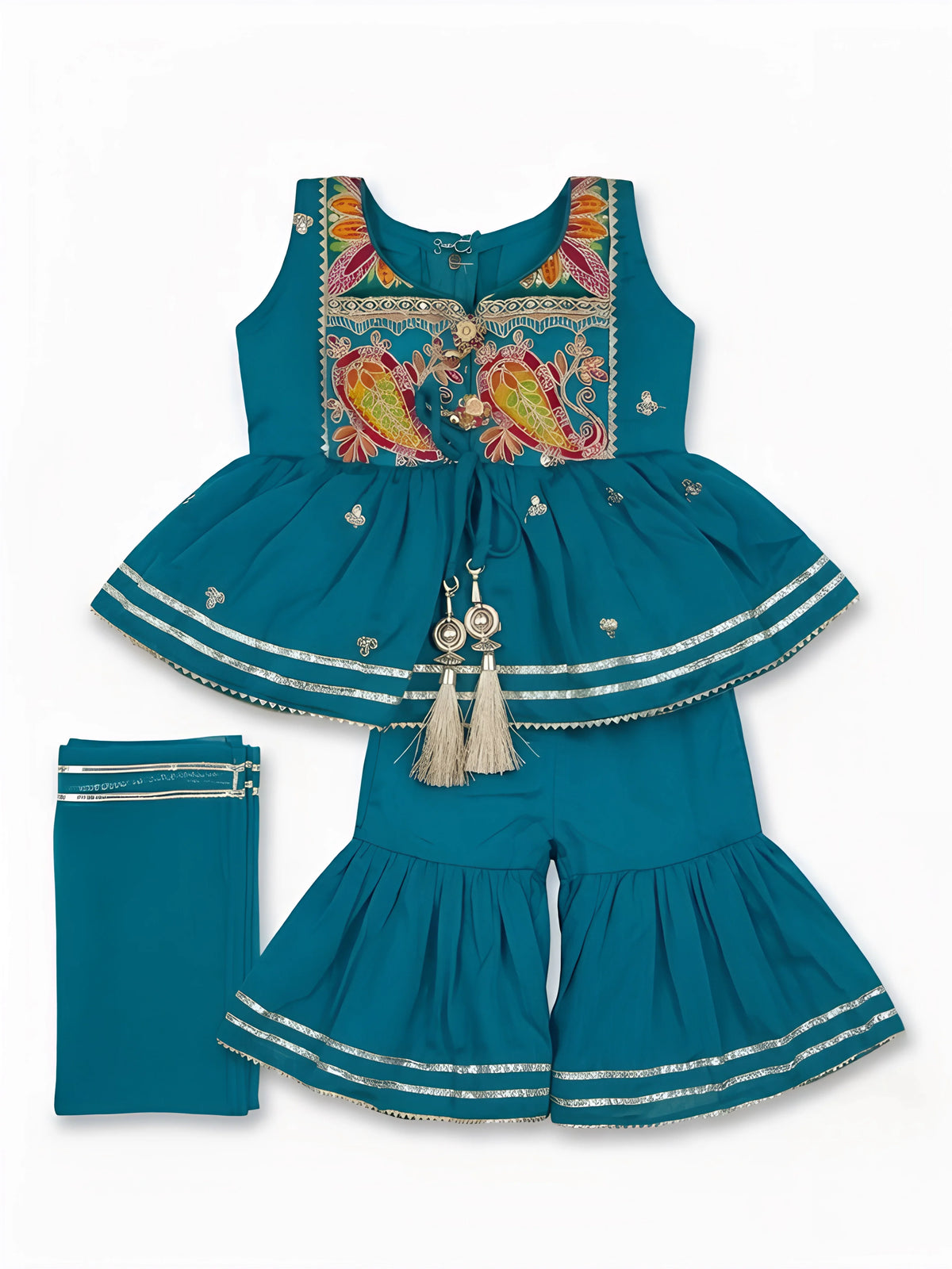 Girls Green Printed Ethnic Sharara Set.