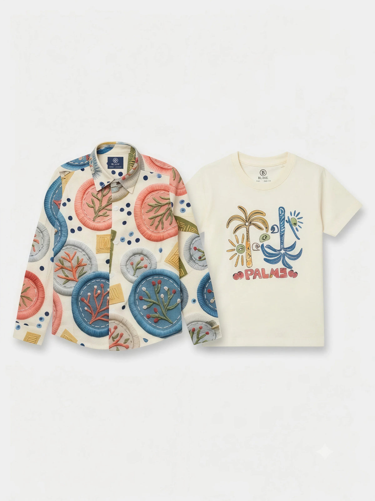Cream Embroidered Pattern Shirts with T-Shirt Set