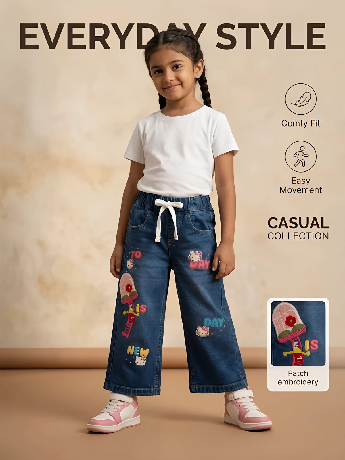 Girls Navy Blue Graphic Print Casual Pants.