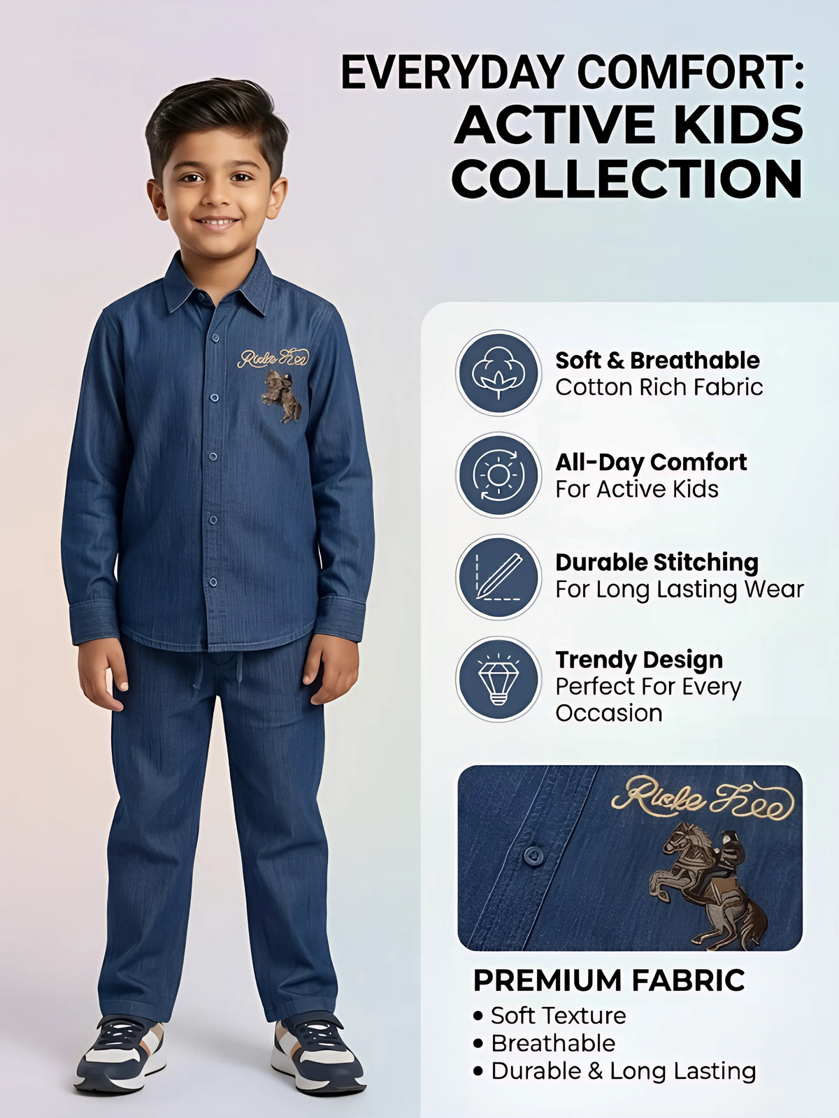 Boys Navy Blue Embroidered Co-ord Set.