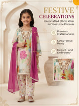 Green Floral Print Patiala Suit for Girls with Dupatta